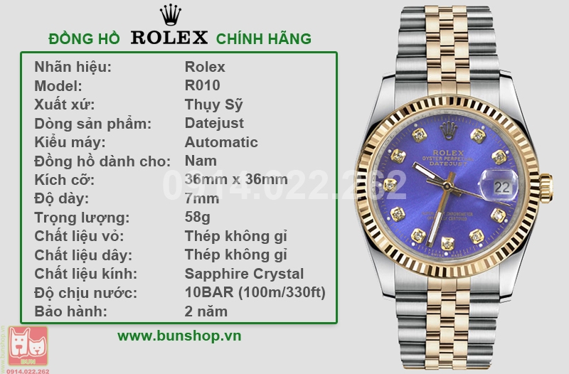 bunshop.vn|Đồng hồ Rolex Datejust R010 Automatic dành cho nam